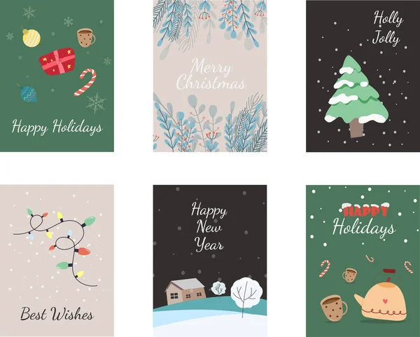 Glückliche Feiertage Kartenset Mit Weihnachtlichen Elementen Bäume Geschenk Box Tee — Stockvektor