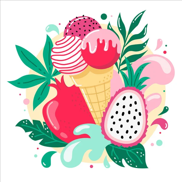 かわいい手描きアイスクリームコーンとトロピカルフルーツとスプラッシュで丸い背景に葉 ベクトルイラスト プロモーション マーケティング バナーのためのスムージーをブレンド — ストックベクタ