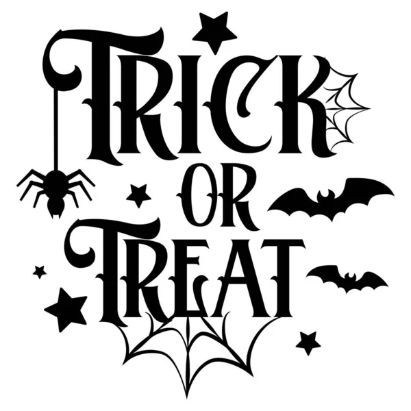 Şeker mi şaka mı? Yarasalarla, örümceklerle ve örümcek ağlarıyla Cadılar Bayramı vektör çizimi. Cadılar Bayramı tipografi tarzı