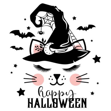 Mutlu Cadılar Bayramı vektör illüstrasyonu. Cadı şapkalı şirin kedi yüzlü, yarasalı, yıldızlı ve örümcekli. Kızlar Cadılar Bayramı tasarımı izole.