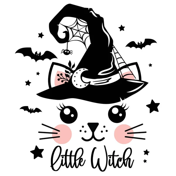 Cadılar Bayramı vektör illüstrasyonu. Cadı şapkalı şirin kedi yüzlü, yarasalı, yıldızlı ve örümcekli. Kızlar Cadılar Bayramı tasarımı izole.
