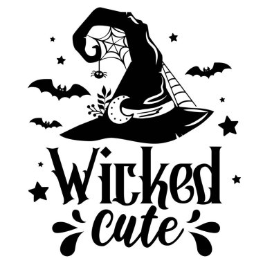 Kötü Cadılar Bayramı vektör illüstrasyonu. Cadı şapkası, yarasalar ve örümcek ağıyla ürkütücü bir alıntı. Tuhaf Cadılar Bayramı tasarımı yalnız.