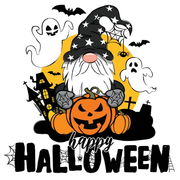 Cüceler, hayaletler, yarasalar, şato, balkabağı Jack ve örümcek ağıyla Cadılar Bayramı temsiliniz kutlu olsun. Komik Cadılar Bayramı cüce tasarımı izole.