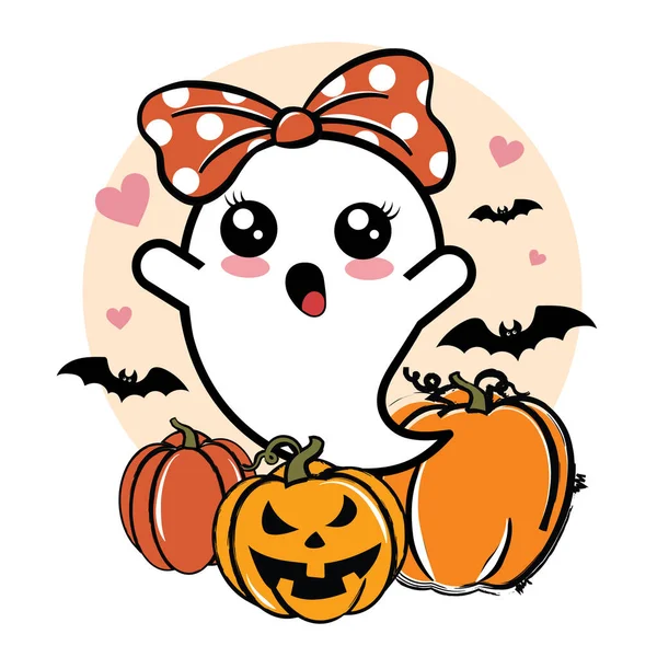 Tatlı Hayalet Kız Cadılar Bayramı vektör çizimi, balkabağı, kalp ve yarasalar. Kızlar Cadılar Bayramı tasarımı izole.