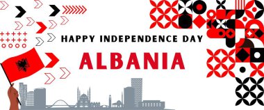 Arnavutluk 'un ulusal bağımsızlık günü pankartı. Arnavutluk bayrağı ve modern geometrik soyut tasarım.