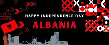 Arnavutluk 'un ulusal bağımsızlık günü pankartı. Arnavutluk bayrağı ve modern geometrik soyut tasarım.