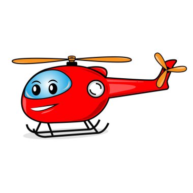 Beyaz arka planda karikatür tarzında şirin kırmızı helikopter ikonu. Uçak sembolü. Simge ve diğerleri için uygun