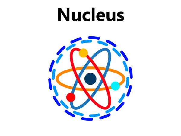 Atom Bilimsel posteri atomik yapıda: proton ve nötronların çekirdeği, yörüngesel elektronlar. Vektör çizimi. Nükleer enerji, bilimsel araştırma ve moleküler kimyanın sembolü..