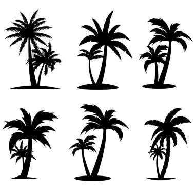 Beyaz arka planda izole edilmiş siyah palmiye ağaçları. Palm Siluetleri. Posterler, afişler ve tanıtım ürünleri için palmiye ağaçları dizaynı. Vektör İllüstrasyonu. Beyaz Arkaplanda Avuç İçi Simgesi 