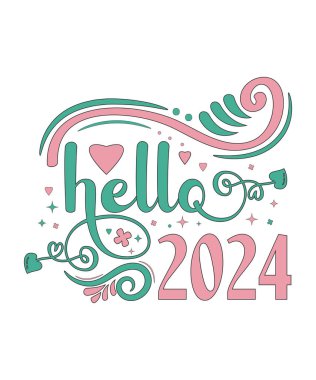 Merhaba 2024, Mutlu Yeni Yıl el yazısı işaret vektör tasarımı
