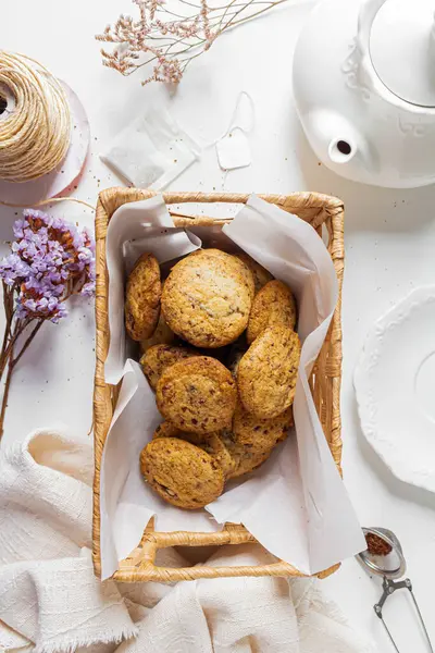 Homemade Cookies Straw Basket Teapot Tea Sachet Dried Flowers Cinnamon — Stock Photo, Image