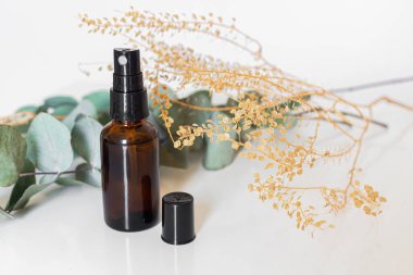 Kahverengi cam fıskiyeler ve beyaz arka planda kuru okaliptüs dalları.