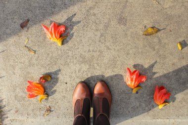 Sonbahar çizmeleri içinde kadın bacakları. 