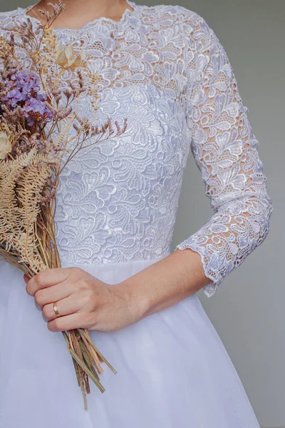 Cropped Shot Young Pretty Bride Holding Dried Flower Bouquet — Stock Photo, Image