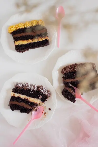 顶部的美味巧克力蛋糕片在白盘 党的舒适食品概念 — 图库照片
