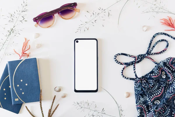 Flat Lay Smartphone Summer Concept Top View — Stock Photo, Image