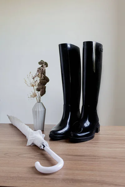 Rain Black Boots White Umbrella Rainy Day Concept — Stock Photo, Image