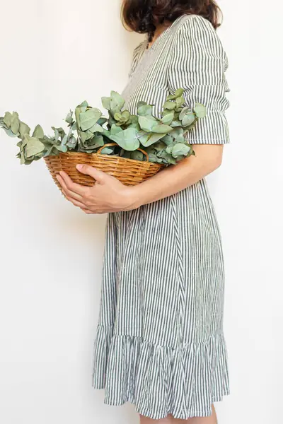 Young Pretty Woman Striped Vintage Dress Holding Straw Basket Eucalyptus — Stock Photo, Image