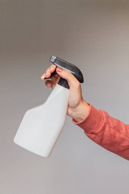 Temizlik spreyi tutan bir kadın. 