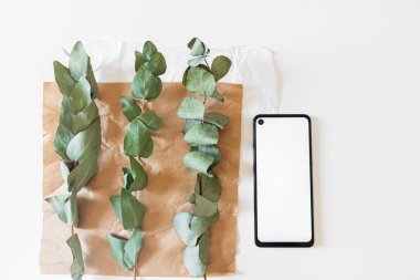 Cep telefonu, el işi kağıdı ve beyaz arka planda okaliptüs dalları olan minimal çiçekçi çalışma alanı   