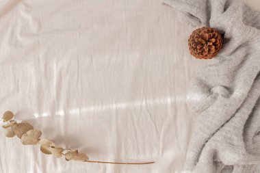 Autumn, sonbahar kompozisyonu. Çam kozalağı, yün atkı ve okaliptüs yapraklı bej keten yatak. Yaşam tarzı, moda mevsimi konsepti.