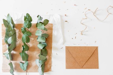 Beyaz arka planda el işi zarflarının ve okaliptüs dallarının yaratıcı retro tarzı bileşimi. Çiçekçi, çiçekçi, hediye konsepti.. 