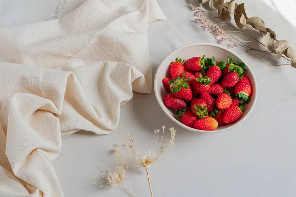 Bowl Full Strawberries Styled Light Background — Stock Photo, Image