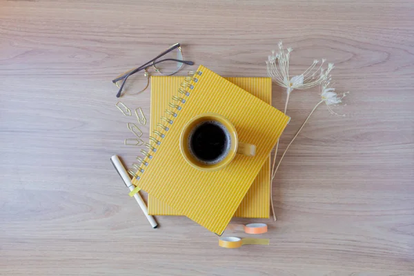 Female Home Office Desk Workspace Cup Coffee Planners Glasses Pen — Stock Photo, Image
