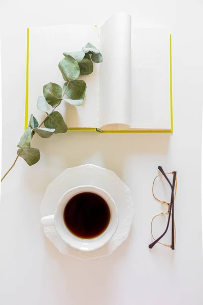 用桉树枝条 眼镜和白色背景的书 可以俯瞰一杯咖啡 — 图库照片