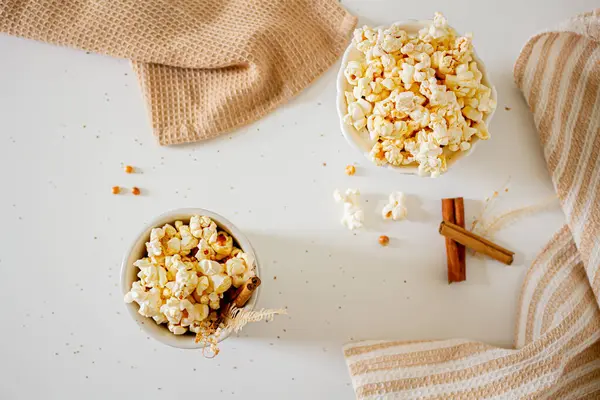 Cozy Composition Popcorn Bowls Cinnamon Sticks Autumn Winter Food Concept — Stock Photo, Image