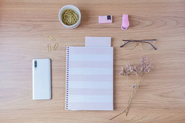 Workspace Notebook Smartphone Stationery Items Wooden Background Flat Lay Top — Stock Photo, Image