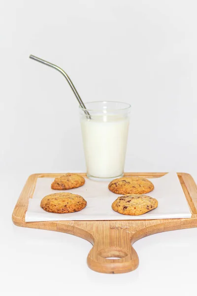 Homemade Cookies Wooden Cutting Board Glass Milk White Background — Stock Photo, Image