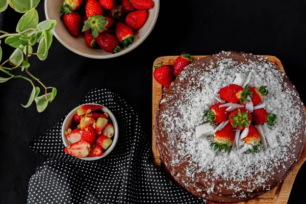 Chocolate Coconut Strawberry Cake Background — Stock Photo, Image