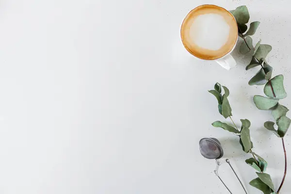 Vista Superior Xícara Cappuccino Com Ramo Eucalipto Fundo Branco — Fotografia de Stock