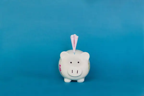 Piggy bank on blue background. Economy concept.