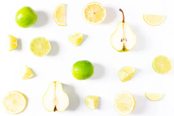 Lemon Slices Sliced Pears Pattern White Background Flat Lay Top — Stock Photo, Image