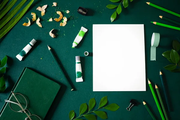 Blank Paper Sheet Card Copy Space Leaves Pencils Sharpener Ink — Stock Photo, Image
