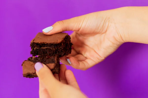 Woman\'s hands holding a piece of brownie on purple background. Modern food styling composition