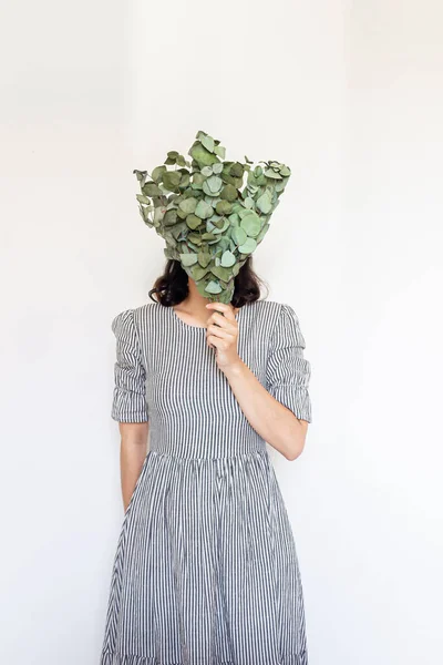 Young Pretty Woman Striped Vintage Dress Holding Eucalyptus Bouquet White — Stock Photo, Image