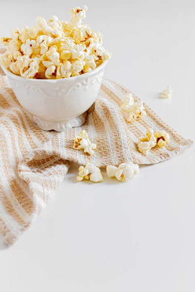 Cozy Aesthetic Composition Popcorn Ceramic Bowl Autumn Winter Food Concept — Stock Photo, Image