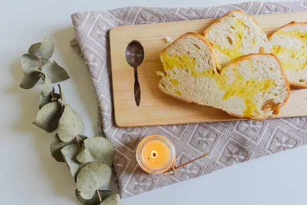 Top View Mediterranean Starter Dish Olive Oil Bread Light Candle — Stock Photo, Image