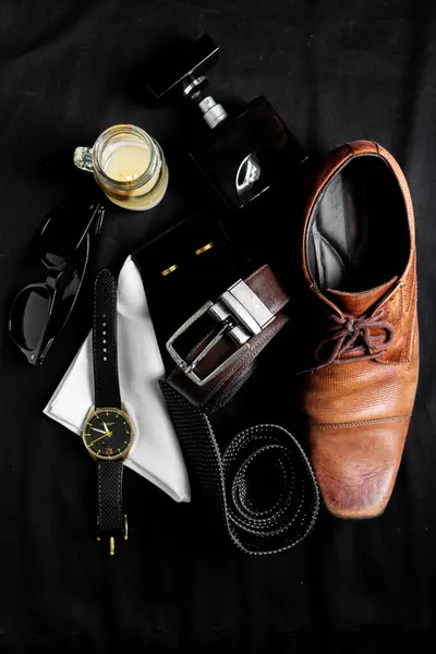 Men Elegant Accessories Brown Shoes Wooden Background Preparation Wedding Concept — Stock Photo, Image
