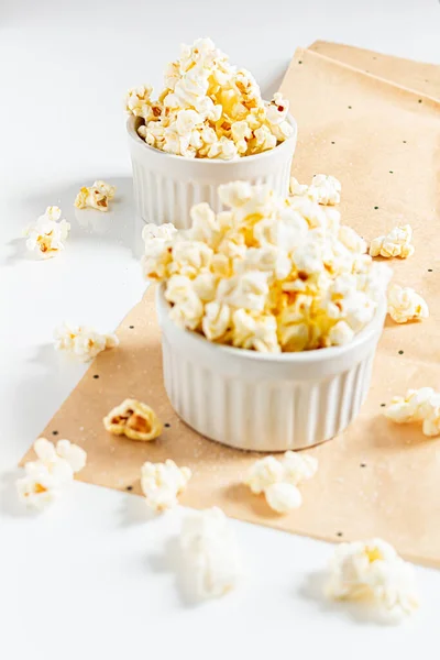 Aesthetic Composition Popcorn White Bowls White Background Autumn Winter Food — Stock Photo, Image