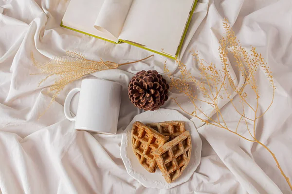 Breakfast Bed Coffee Mug Waffles Messy Bed — Stock Photo, Image