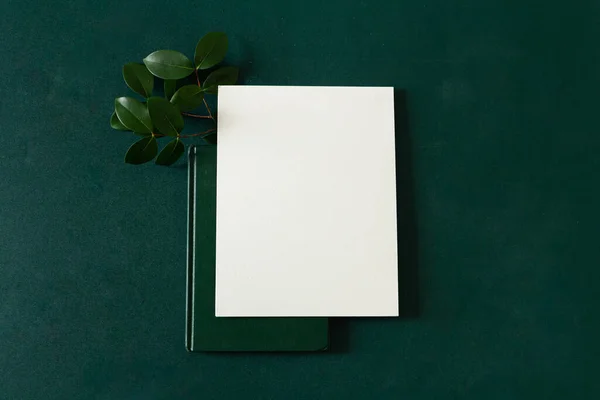 Üres Papírlap Fénymásoló Felülettel Levelek Könyv Mély Zöld Háttérrel Lapos — Stock Fotó