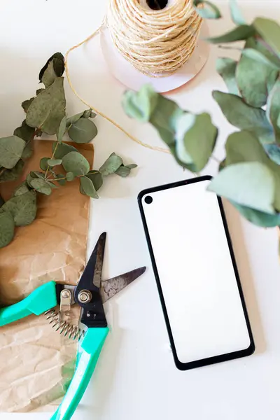 Minimális Virágüzlet Mobiltelefonnal Metszővel Szizállal Kézműves Papírral Eukaliptusz Ágakkal Fehér — Stock Fotó
