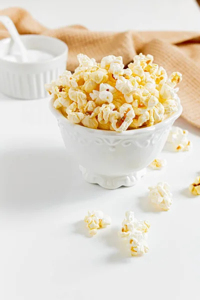 Cozy Aesthetic Composition Popcorn Ceramic Bowl Autumn Winter Food Concept — Stock Photo, Image