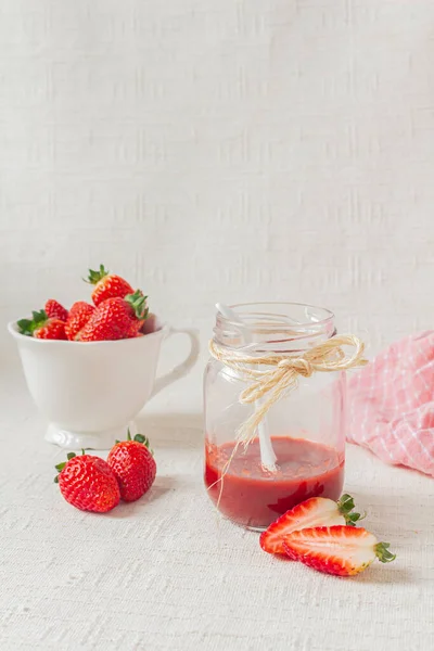Strawberry Marmalade Jar Tiny White Spoon Fresh Strawberries Bowl Light — Stock Photo, Image