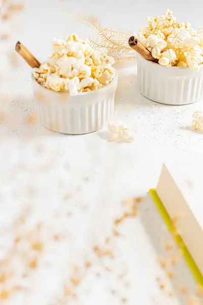 Cozy Still Life Popcorn Porcelain Bowls Decorated Cinnamon Sticks Autumn — Stock Photo, Image