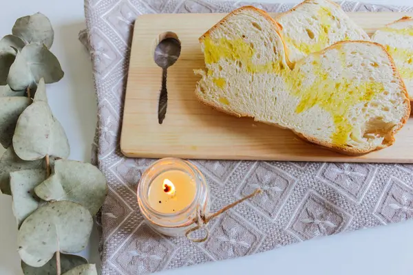 Mediterranean Starter Dish Olive Oil Slices White Bread — Stock Photo, Image